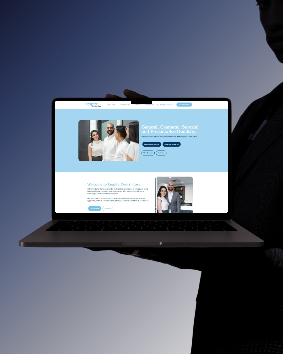 Empire Dental Care website design for a Bicton dental clinic in Perth, shown on a laptop