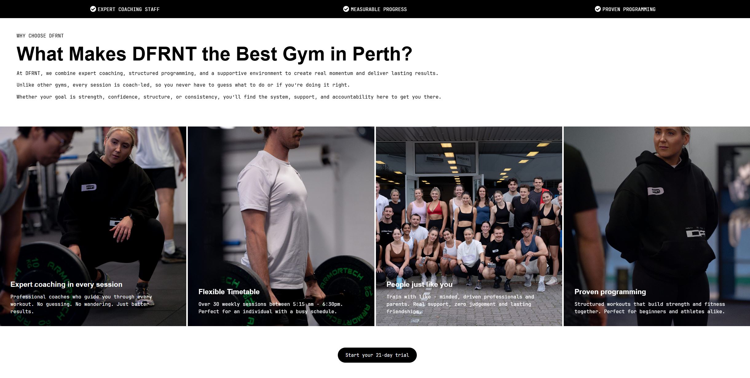DFRNT Health and Fitness website design in Perth, showing why choose DFRNT and four coaching and community photos