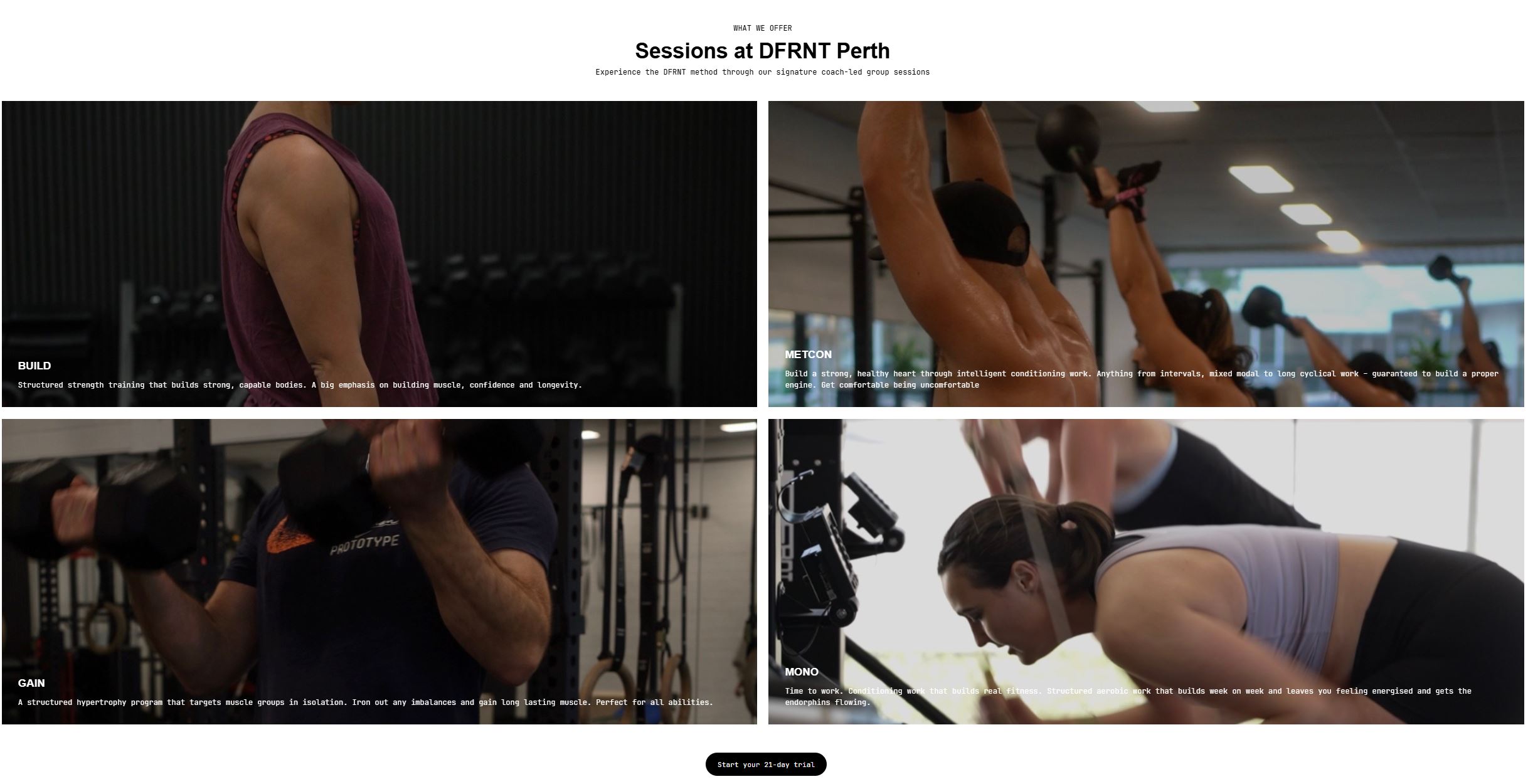 DFRNT gym website sessions section showing the Build, Metcon, Gain and Mono group sessions